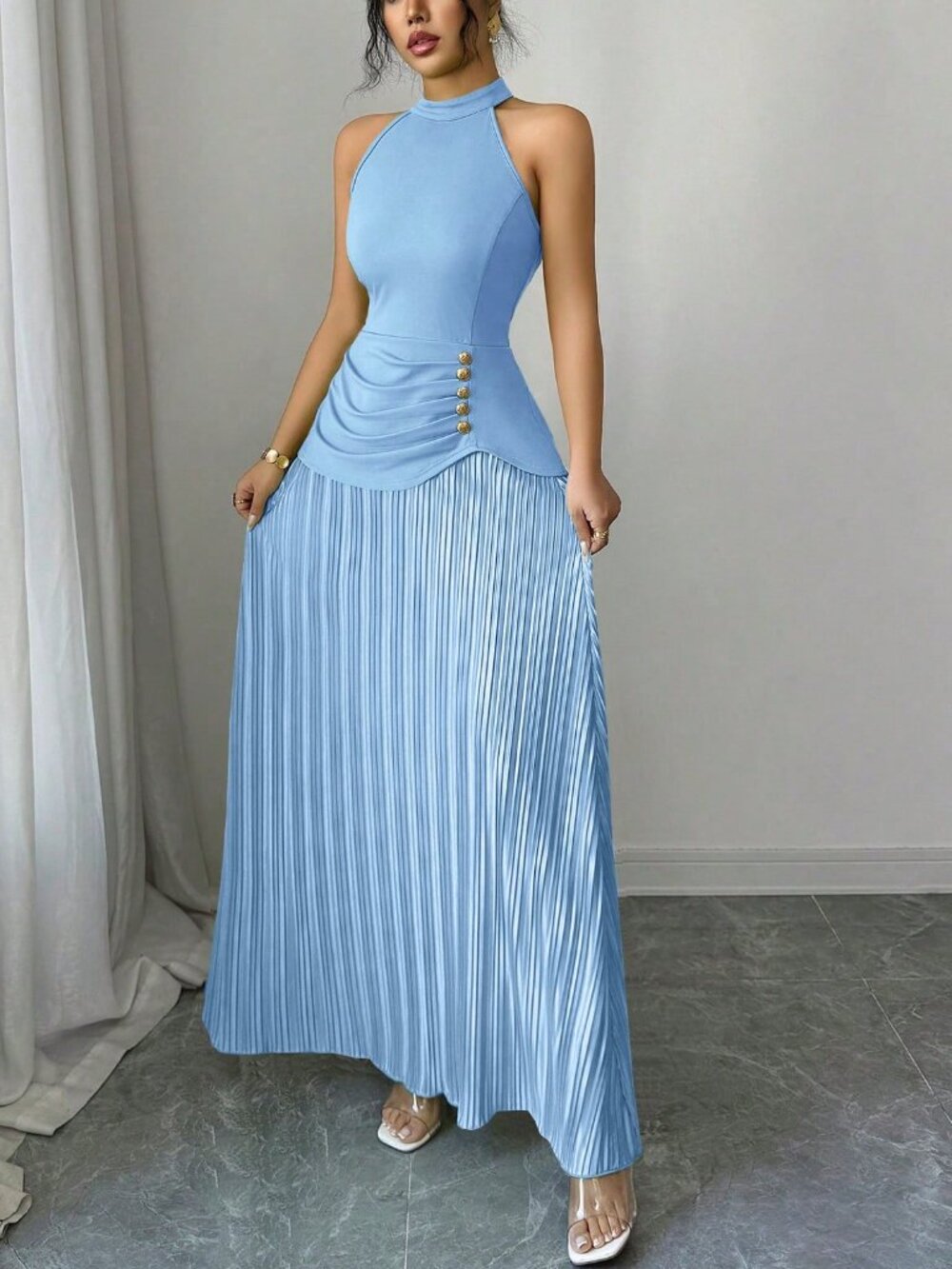 Baby Blue Green Elegant Women's  Sleeveless Pleated Long Dress - Picture 6 of 7